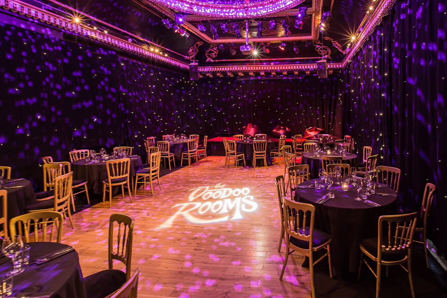 Elegant ballroom with purple lighting